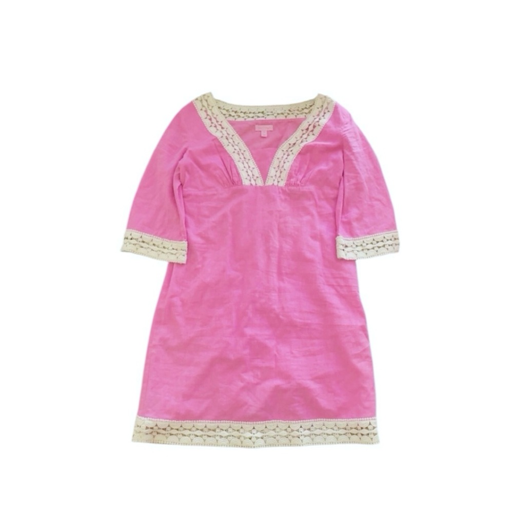 Lilly‎ Pulitzer Sherman Linen Cotton Blend Pink Crochet Tunic Dress Size 0
